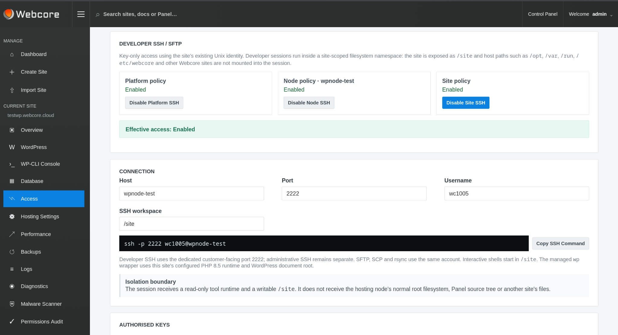 Webcore Panel Developer SSH and SFTP access showing platform, node and site policy