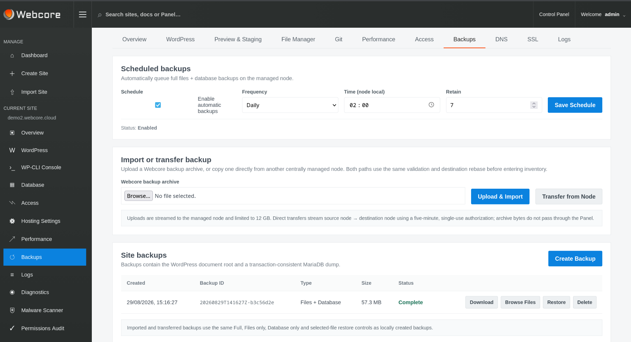 Webcore Panel Backups page showing scheduled backups and a completed files and database backup with restore controls