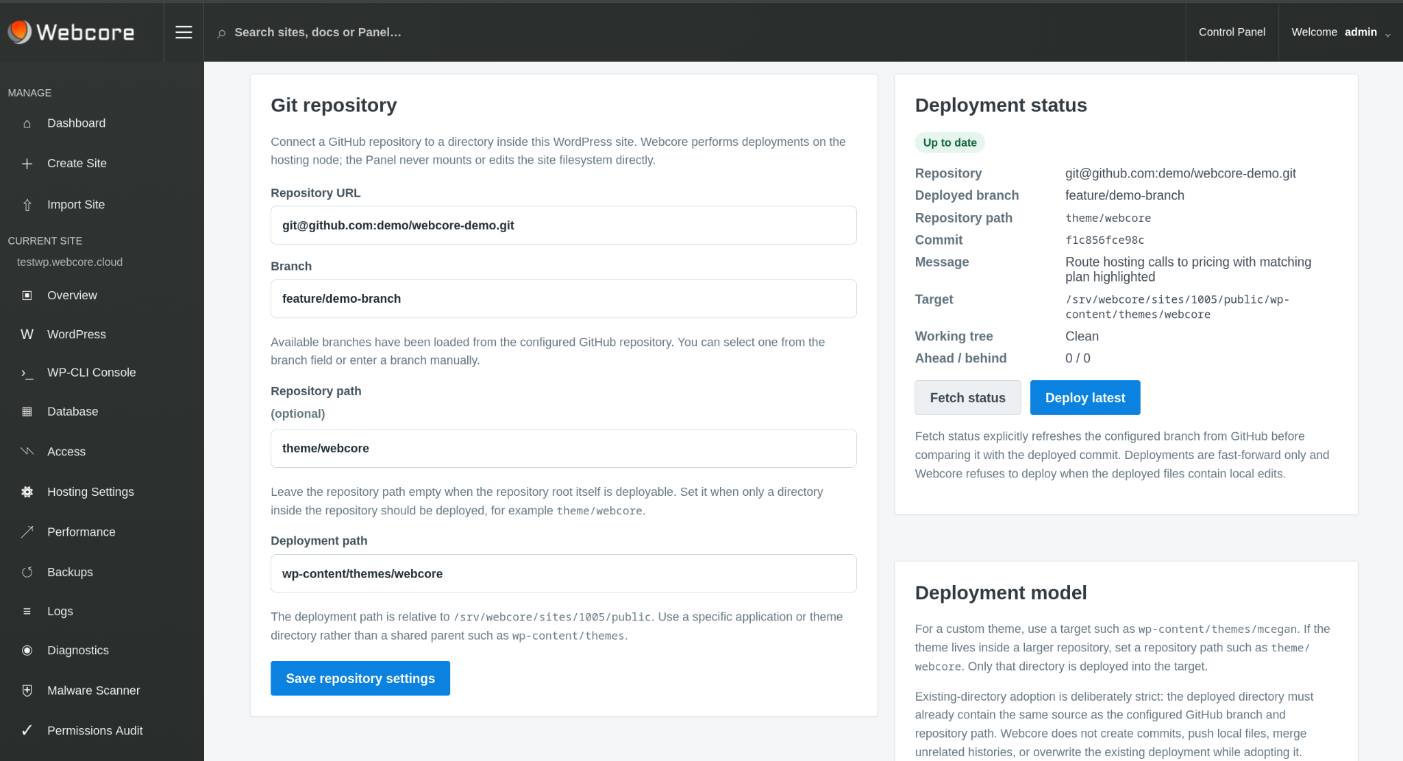 Webcore Panel Git repository configuration and deployment status