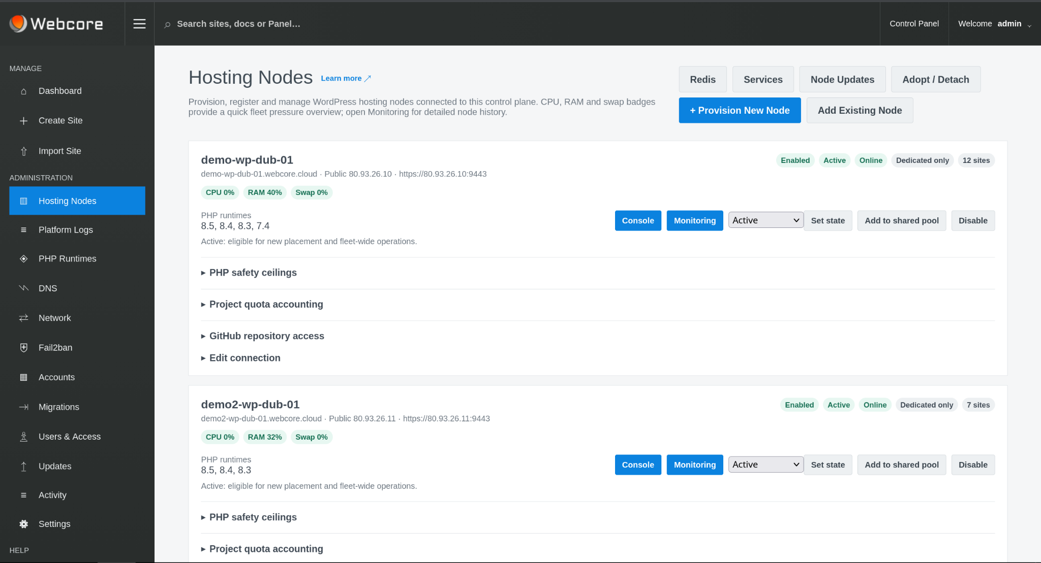 Webcore Panel Hosting Nodes fleet view