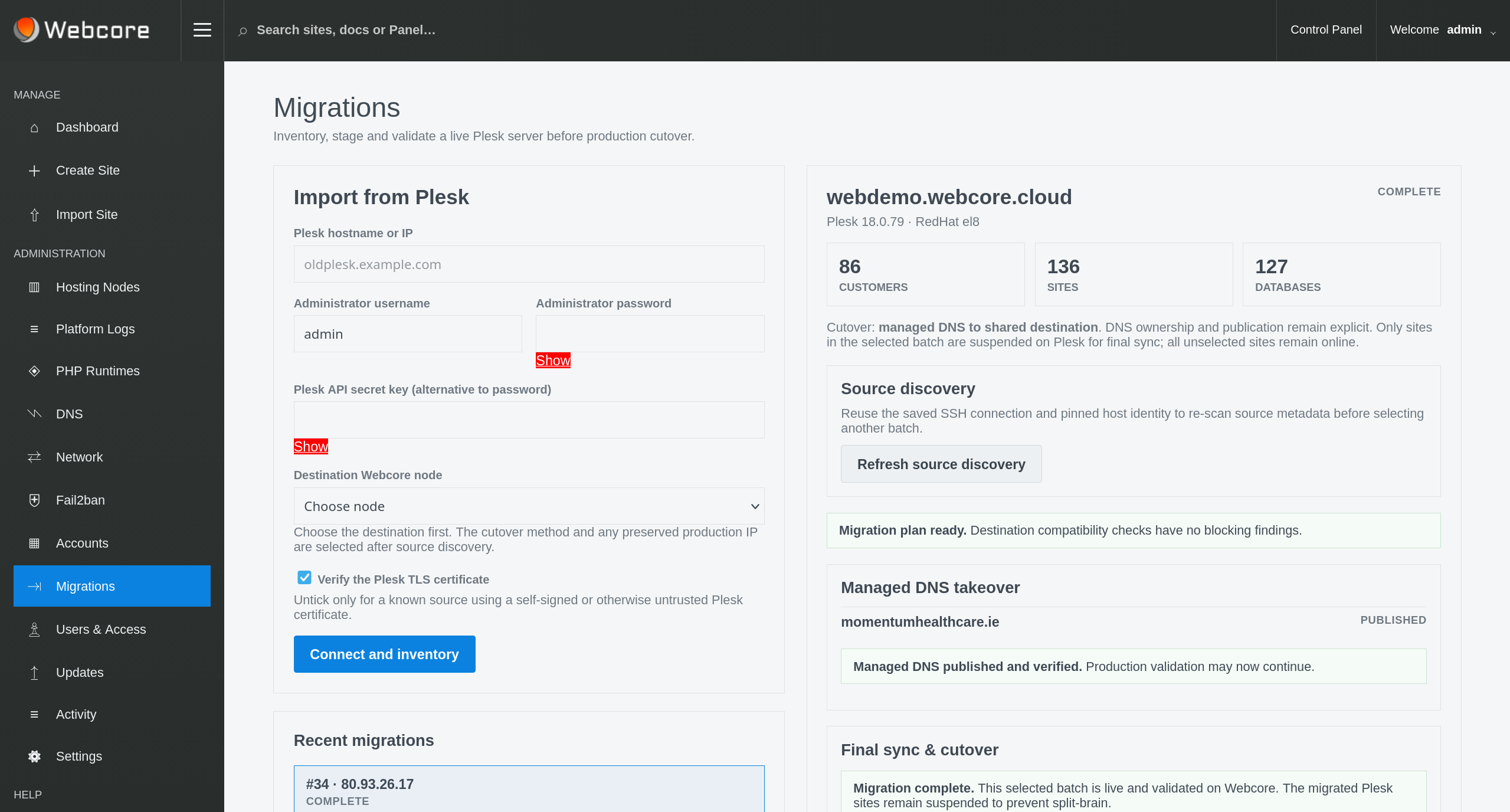 Webcore Panel migrations workflow showing Plesk discovery, validation, DNS takeover and cutover state