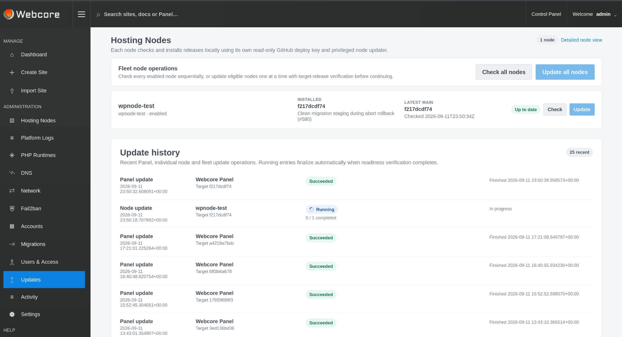 Webcore Panel platform update controls