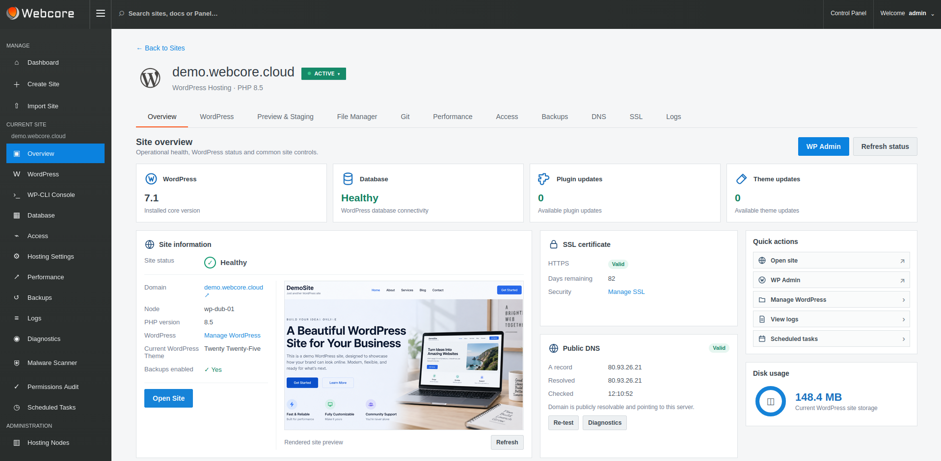Webcore Panel site overview showing WordPress health, database status, SSL, site preview and quick actions