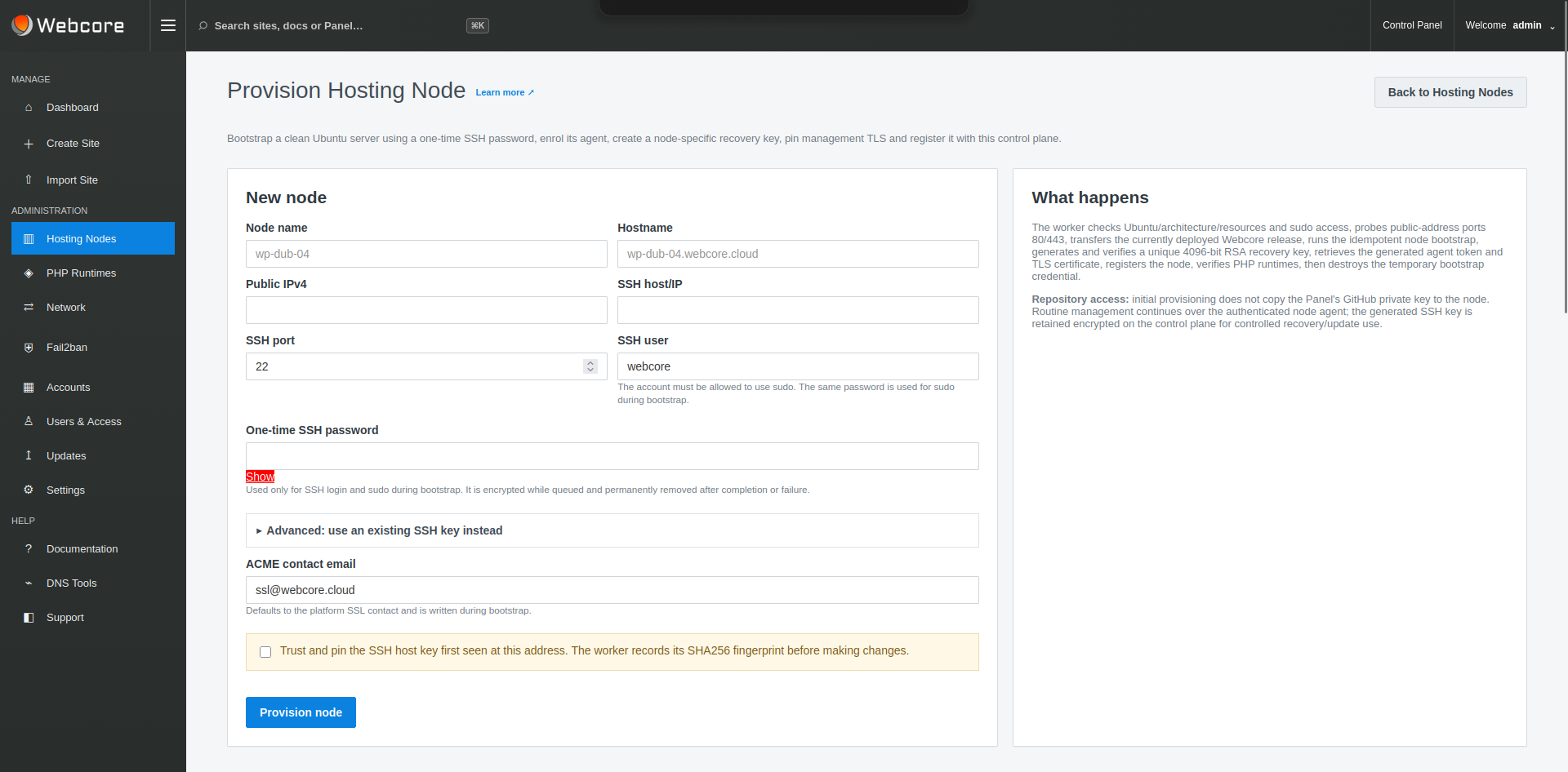 Webcore Panel Provision Hosting Node workflow