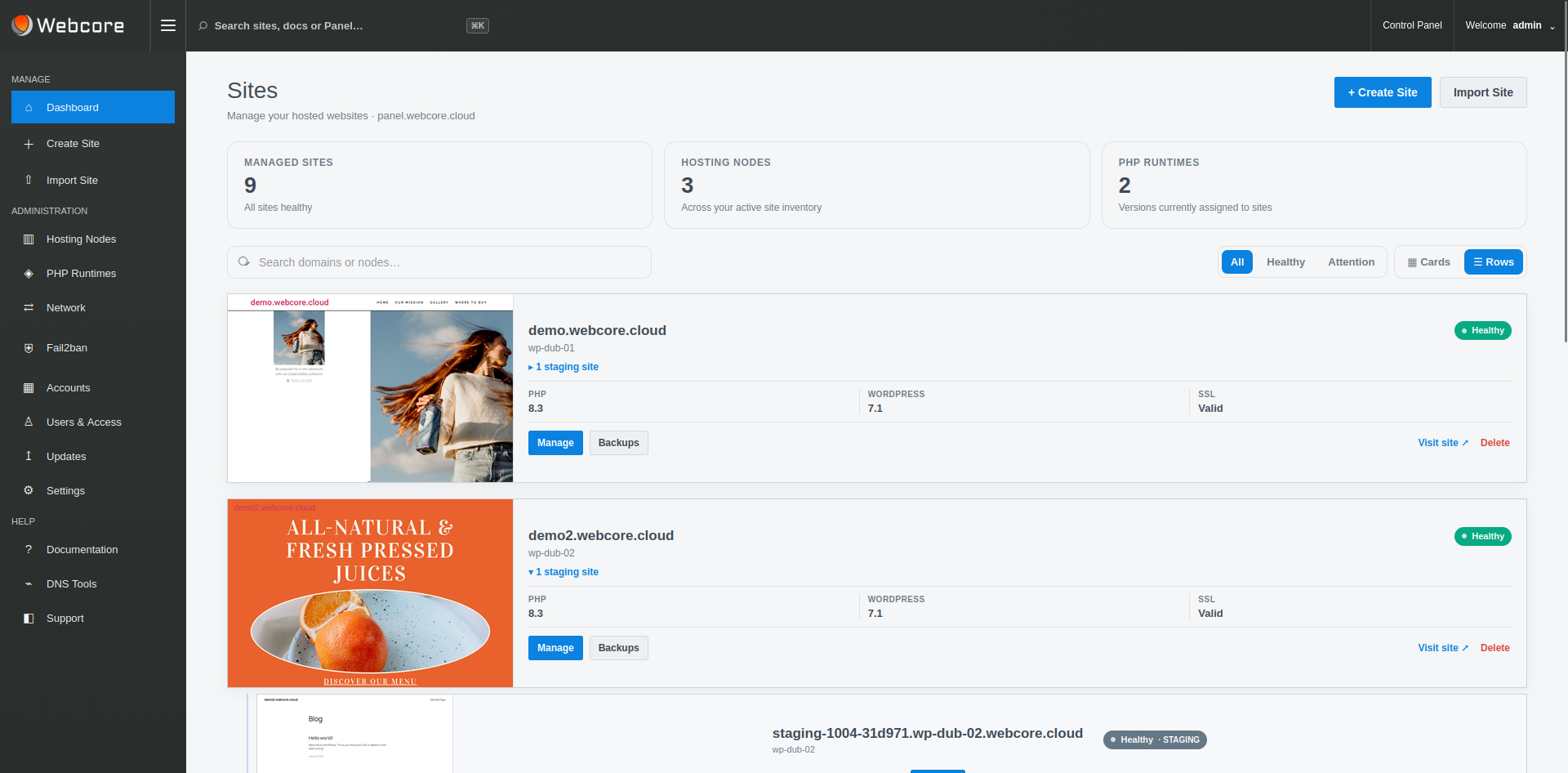 Webcore Panel Sites dashboard showing managed WordPress sites
