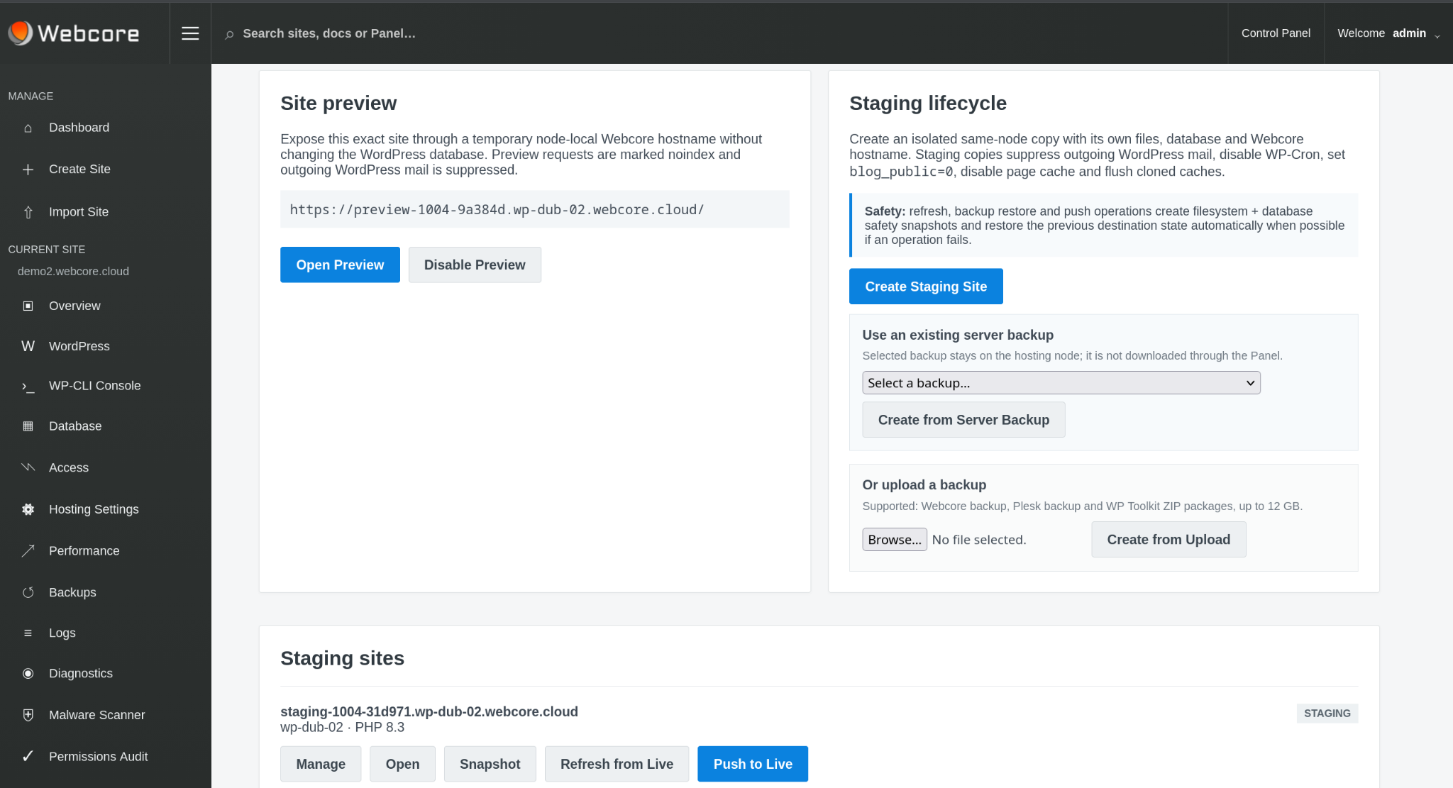 Webcore Panel Preview and Staging page showing site preview, staging creation and staging lifecycle controls