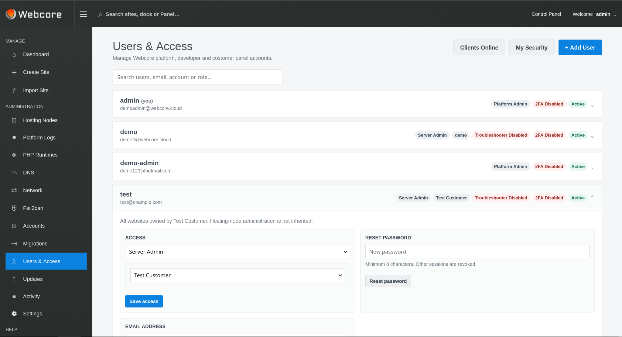 Webcore Panel Users and Access
